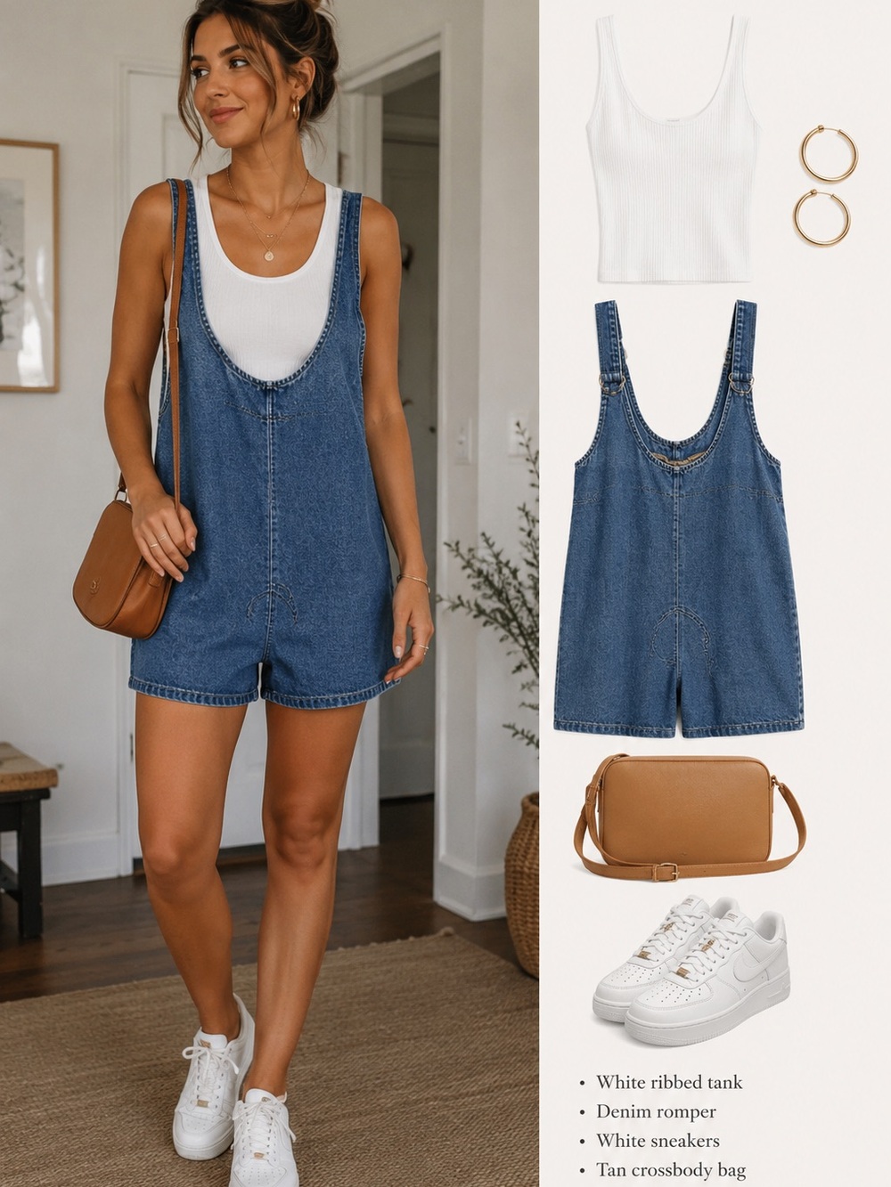 Women's Blue Denim Short Overalls Romper - Casual Summer Style